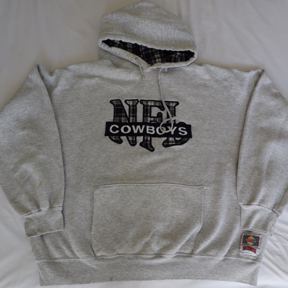 VTG 90s Nutmeg Mills Dallas Cowboys Hoodie Plaid Lined Gray Sweatshirt XL USA